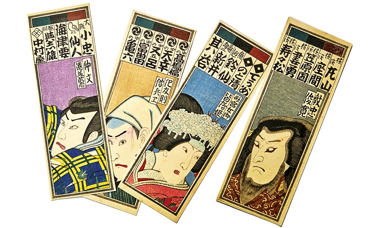 外国人客にも大人気の歌舞伎絵木版画は「厄除けお札各種（15×5cm）／1枚・1,000円」