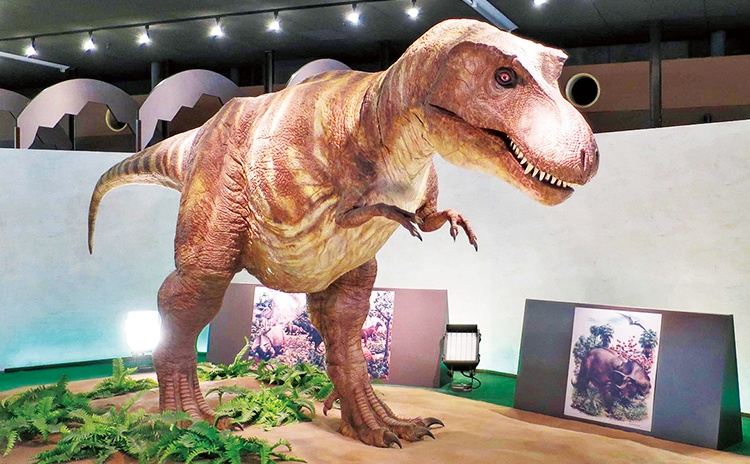 肉食恐竜ティラノサウルスの模型が出迎えてくれます。リアルなだけでなく、動いたりおしゃべりしたりするのにも驚き！