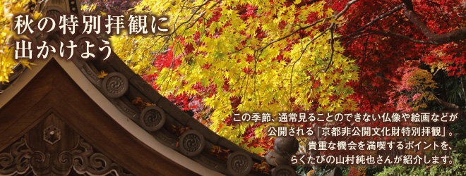 秋の特別拝観に出かけよう。この季節、通常見ることのできない仏像や絵画などが公開される「京都非公開文化財特別拝観」。貴重な機会を満喫するポイントを、らくたびの山村純也さんが紹介します。
