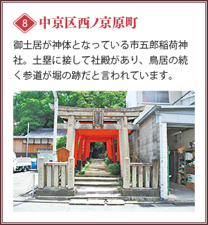 [中京区西ノ京原町]御土居が神体となっている市五郎稲荷神社。土塁に接して社殿があり、鳥居の続く参道が堀の跡だと言われています。
