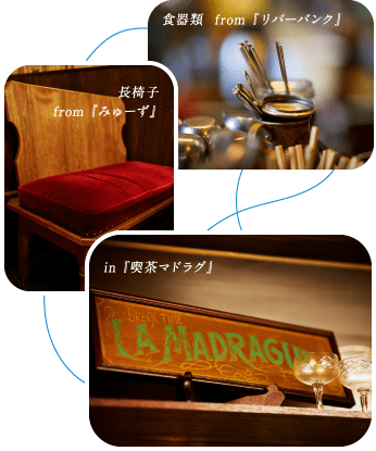 上：食器類 from 『リバーパンク』　中：長椅子 from 『みゅーず』　下：in 『喫茶マドラグ』