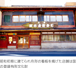 昭和初期に建てられ舟形の看板を掲げた店舗は国の登録有形文化財