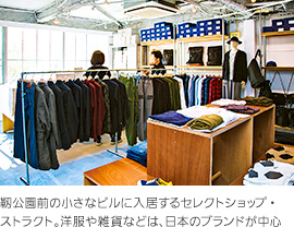 靭公園前の小さなビルに入居するセレクトショップ・ストラクト。洋服や雑貨などは、日本のブランドが中心