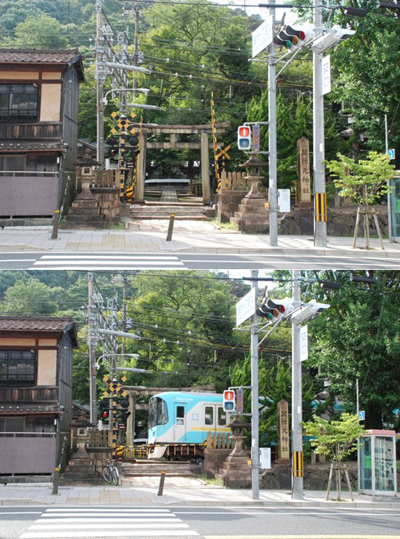 神社の境内を横切る京津線